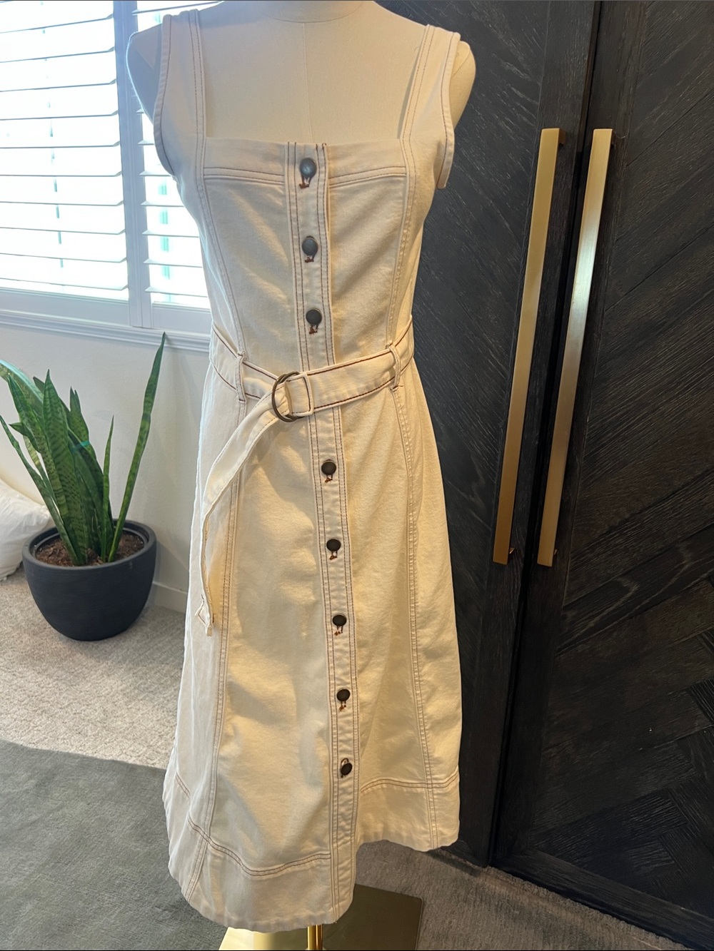 LOFT Cream Button-Front Belted Midi Dress with Square Neck